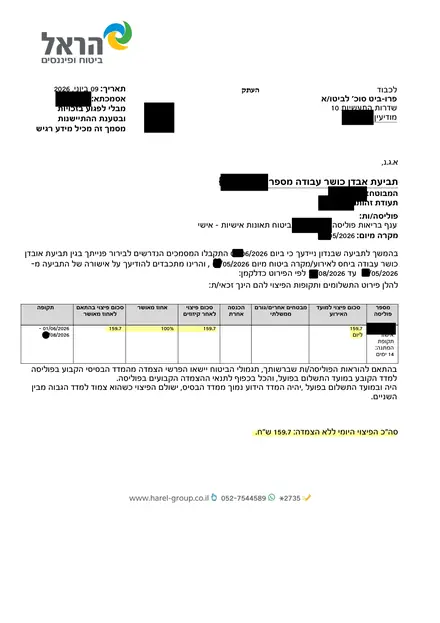 מכתב אישור מהראל: פיצוי יומי על אובדן כושר עבודה