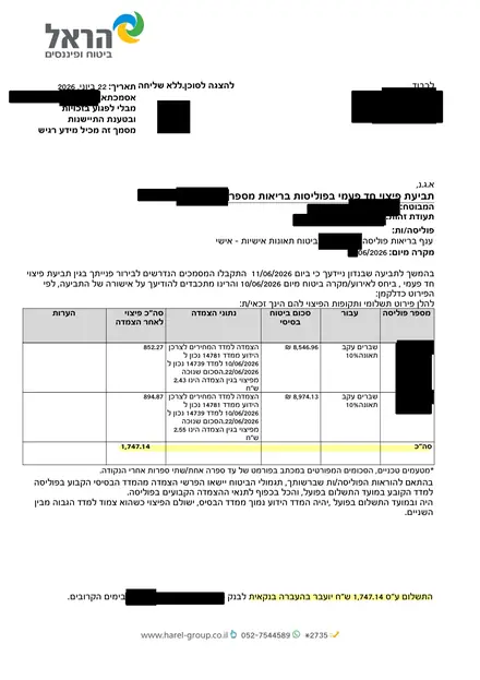 מכתב אישור מהראל: פיצוי על שברים עקב תאונה