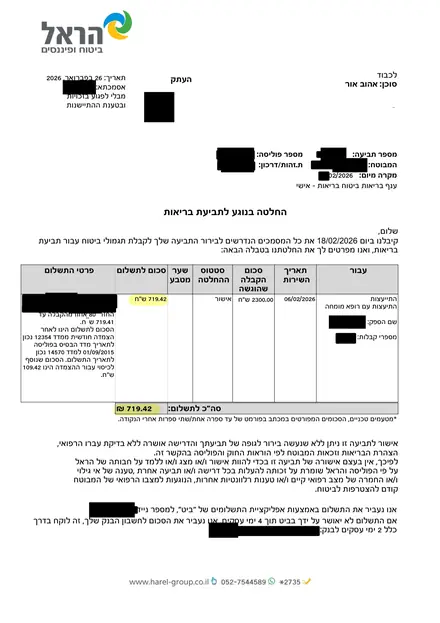 מכתב אישור מהראל: החזר על התייעצות עם רופא מומחה